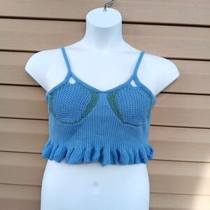 Cider Blue and Green Knit Camisole Crochet Top Size S